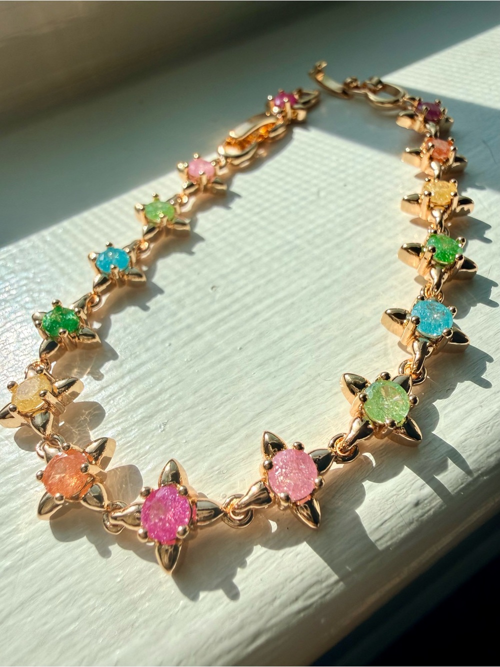 NEW!! 18k Gold Plated Multicolor Crystal Flower Link Bracelet with candy stones